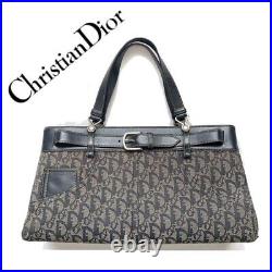 Auth Christian Dior Tote bag Trotter pattern Leather Canvas Belt Navy Used Women