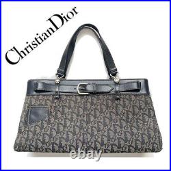 Authentic Christian Dior Trotter Hand Bag Canvas Leather Navy