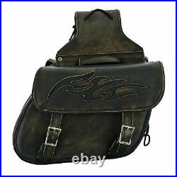 Brown Leather Concealed Carry Saddlebag With Flame-Universal Fit-Throw Over Bags
