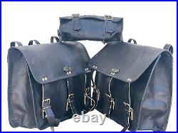Complete Set of 3 Black Leather Motorcycle Bags Saddlebag and Fork Tool Fusion