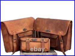 Complete Set of 3 Brown Leather Motorcycle Bags Saddlebag and Fork Tool Advent