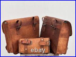 Complete Set of 3 Brown Leather Motorcycle Bags Saddlebag and Fork Tool Advent