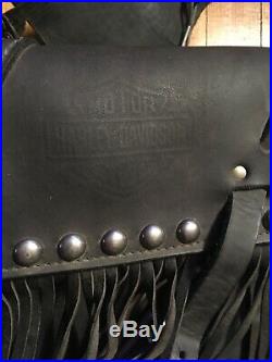 Harley Davidson Fxd Black Leather Fringed Stud Throw Over Saddle Bags W Fork Bag