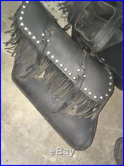 Harley Davidson Fxd Black Leather Fringed Stud Throw Over Saddle Bags W Fork Bag
