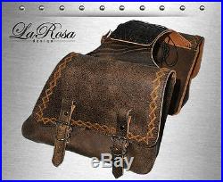 La Rosa Rustic Brown Leather Harley Sportster XL Throw Over Lace Saddlebags Set