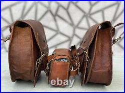 Leather Motorcycle Saddle Bag Side Bags Panniers Tool Luggage Brown Complete Kit