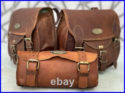 Leather Motorcycle Saddle Bag Side Bags Panniers Tool Luggage Brown Complete Kit