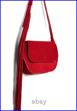 MANGO Crossbody Bag WESTERN FRINGES Shoulder Strap SUEDE LEATHER Red HandBag NWT