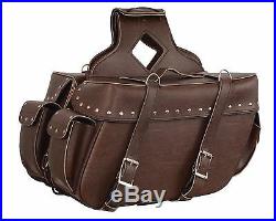 Motorcycle Large 2 Pc Retro Brn Zip Off Pvc Throw Over Riveted Saddlebag 2 Strap