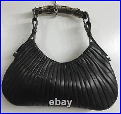 Ysl Vintage Purse Black Pleated Leather Silver Metal Over Horn Handle Size Med