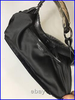 Ysl Vintage Purse Black Pleated Leather Silver Metal Over Horn Handle Size Med